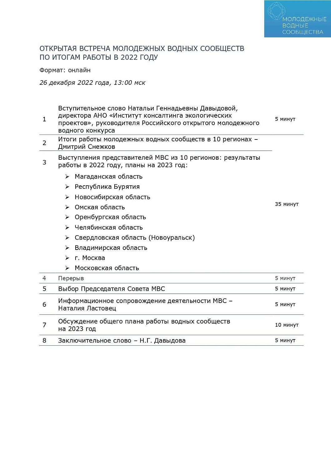 26 декабря состоится открытая онлайн-встреча Молодежных водных сообществ по итогам работы в 2022 году